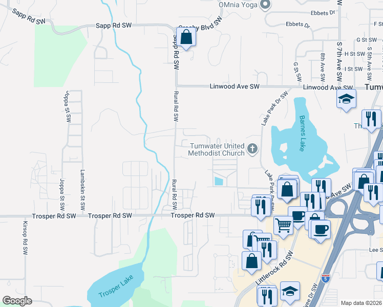 map of restaurants, bars, coffee shops, grocery stores, and more near 4862 Rural Road Southwest in Tumwater