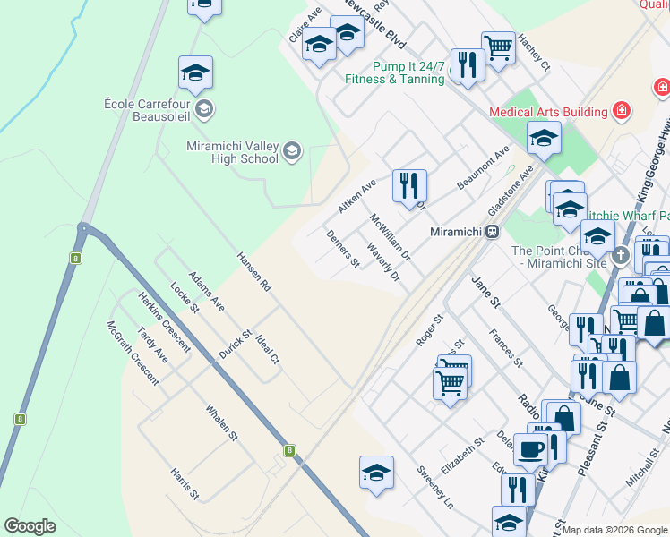 map of restaurants, bars, coffee shops, grocery stores, and more near 6 Dean Avenue in Miramichi