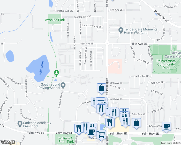 map of restaurants, bars, coffee shops, grocery stores, and more near 4631 Helena Avenue Southeast in Lacey