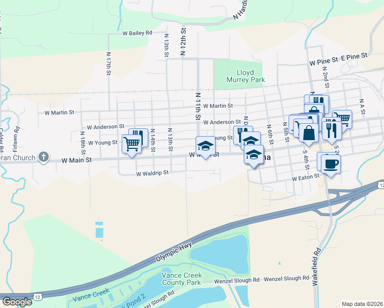 map of restaurants, bars, coffee shops, grocery stores, and more near 1102 West Main Street in Elma