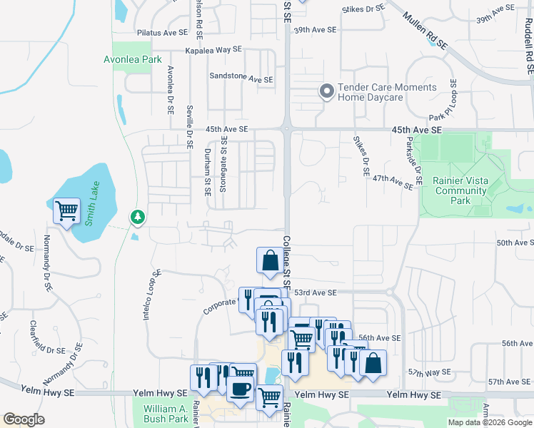 map of restaurants, bars, coffee shops, grocery stores, and more near 4718 Helena Avenue Southeast in Lacey