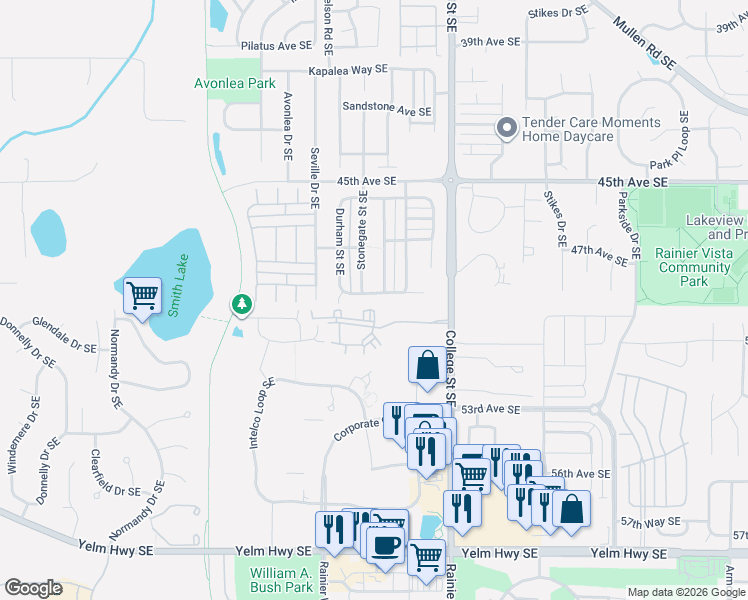 map of restaurants, bars, coffee shops, grocery stores, and more near 4619 Helena Avenue Southeast in Lacey