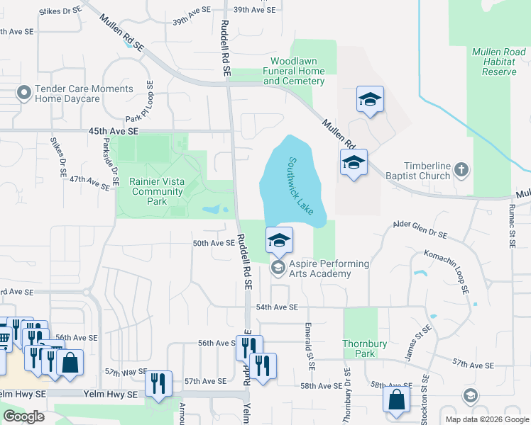 map of restaurants, bars, coffee shops, grocery stores, and more near 4844 Ruddell Road Southeast in Lacey