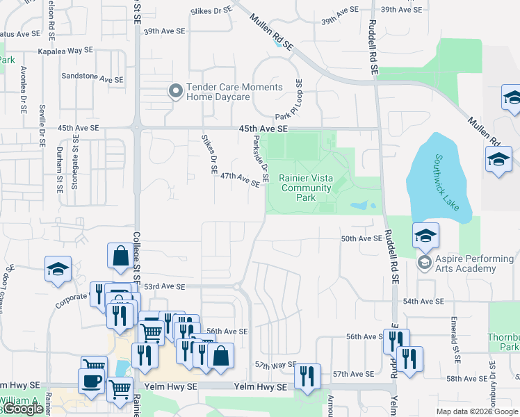 map of restaurants, bars, coffee shops, grocery stores, and more near 4713 Parkside Drive Southeast in Lacey