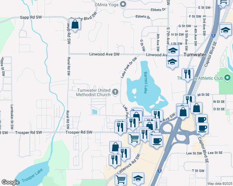 map of restaurants, bars, coffee shops, grocery stores, and more near 1229 Lake Park Drive Southwest in Tumwater