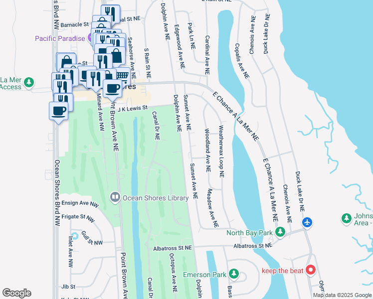 map of restaurants, bars, coffee shops, grocery stores, and more near 639 Sunset Avenue in Ocean Shores