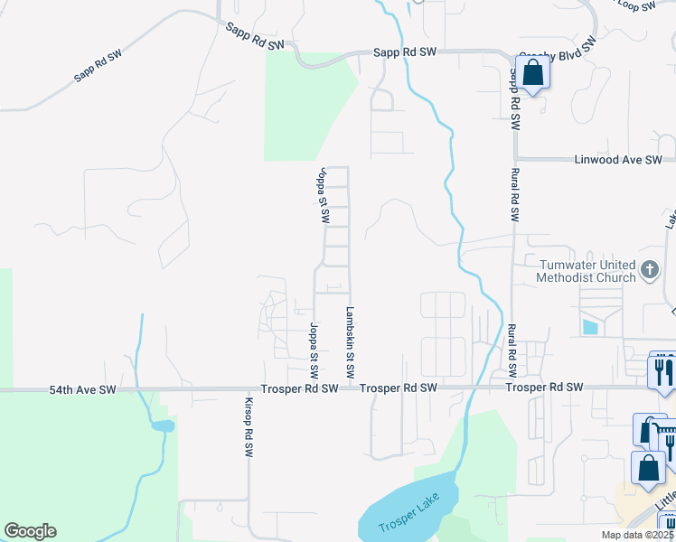 map of restaurants, bars, coffee shops, grocery stores, and more near 2435 Callaway Lane Southwest in Tumwater