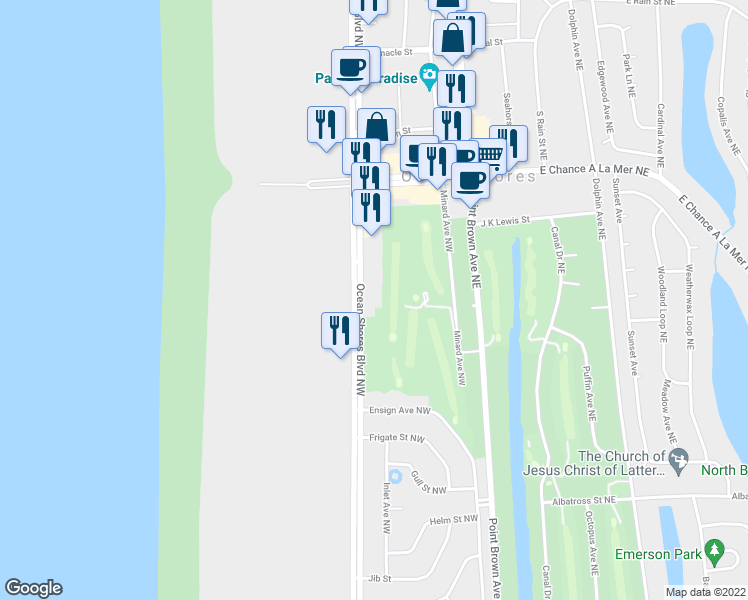 map of restaurants, bars, coffee shops, grocery stores, and more near 648 Ocean Shores Boulevard Northwest in Ocean Shores