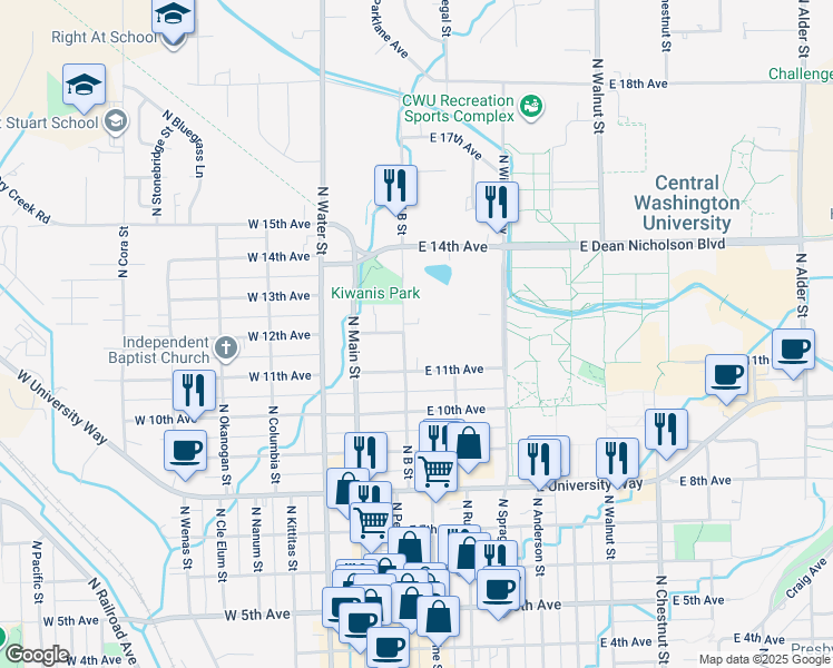 map of restaurants, bars, coffee shops, grocery stores, and more near 1204 North B Street in Ellensburg