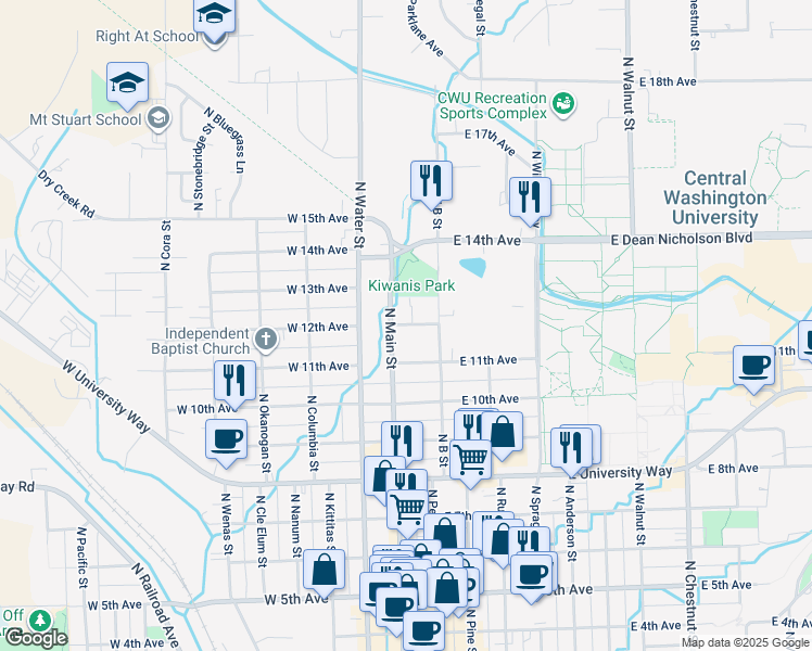 map of restaurants, bars, coffee shops, grocery stores, and more near 1201 North Main Street in Ellensburg
