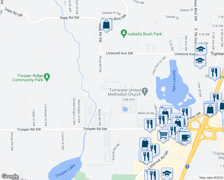 map of restaurants, bars, coffee shops, grocery stores, and more near 4862 Rural Road Southwest in Tumwater