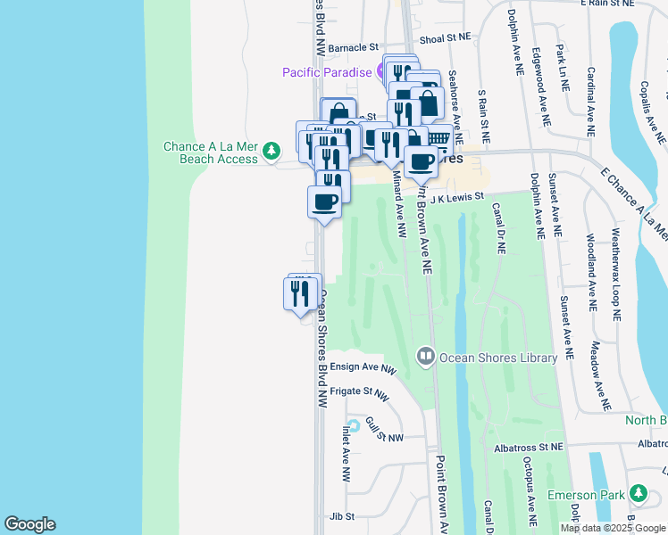 map of restaurants, bars, coffee shops, grocery stores, and more near 648 Ocean Shores Boulevard Northwest in Ocean Shores