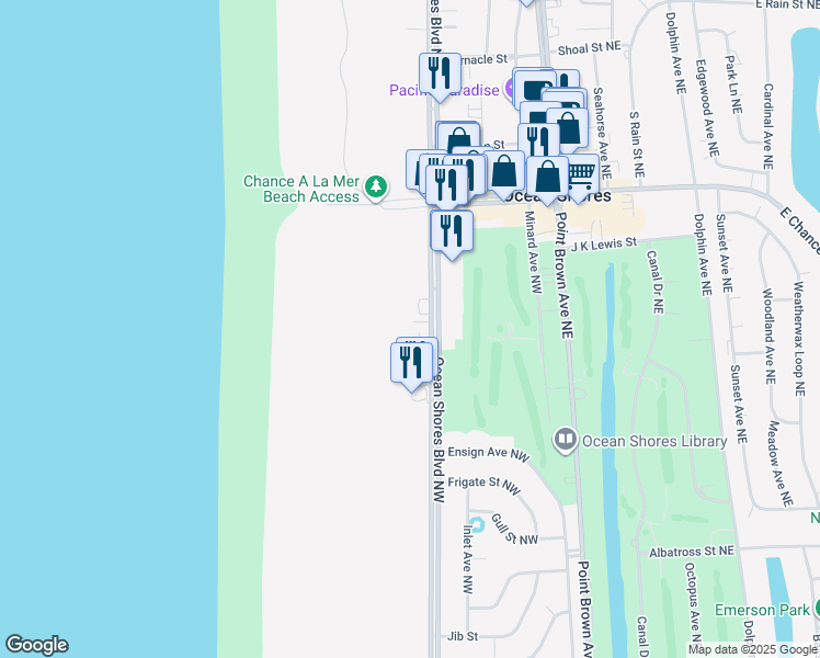 map of restaurants, bars, coffee shops, grocery stores, and more near 651 Ocean Shores Boulevard Northwest in Ocean Shores