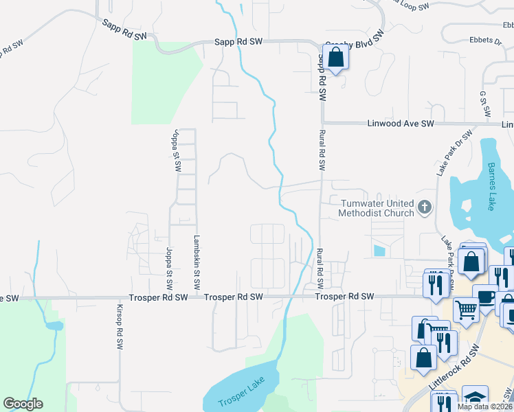 map of restaurants, bars, coffee shops, grocery stores, and more near 2325 48th Avenue Southwest in Tumwater