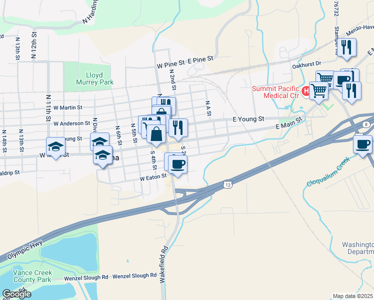 map of restaurants, bars, coffee shops, grocery stores, and more near 112 South 2nd Street in Elma