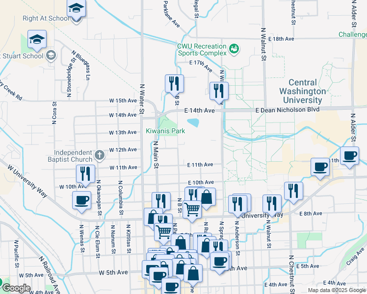 map of restaurants, bars, coffee shops, grocery stores, and more near 1204 North B Street in Ellensburg