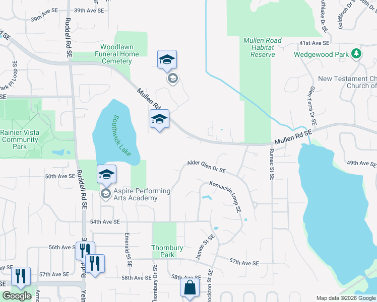 map of restaurants, bars, coffee shops, grocery stores, and more near 6327 Mullen Road Southeast in Olympia