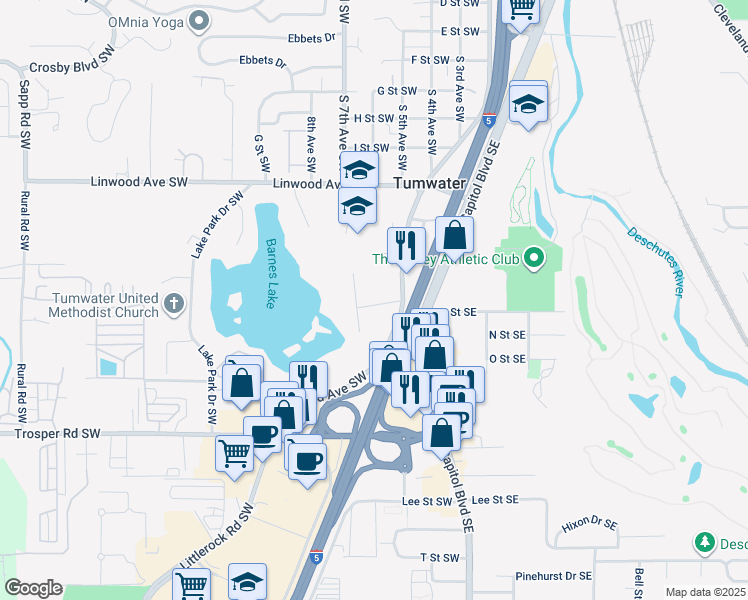 map of restaurants, bars, coffee shops, grocery stores, and more near 220 Little Street Southwest in Tumwater