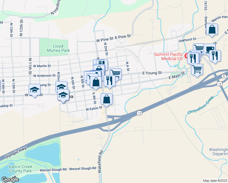 map of restaurants, bars, coffee shops, grocery stores, and more near 112 South 2nd Street in Elma