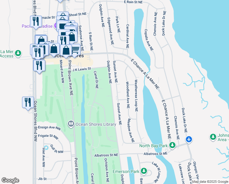 map of restaurants, bars, coffee shops, grocery stores, and more near 639 Sunset Avenue in Ocean Shores