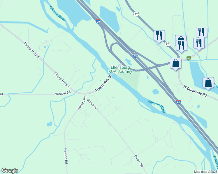 map of restaurants, bars, coffee shops, grocery stores, and more near 320 Thorp Highway South in Ellensburg