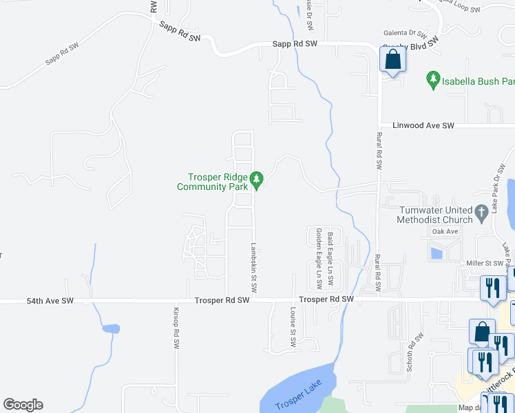 map of restaurants, bars, coffee shops, grocery stores, and more near 4902 Lambskin Street Southwest in Tumwater