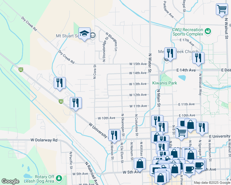 map of restaurants, bars, coffee shops, grocery stores, and more near 503 W 12th Ave in Ellensburg