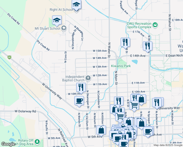 map of restaurants, bars, coffee shops, grocery stores, and more near 409 West 12th Avenue in Ellensburg