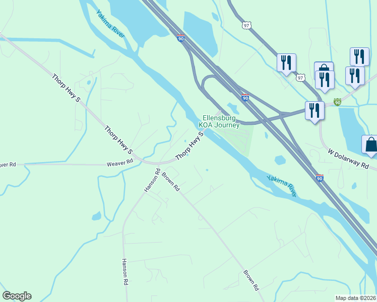 map of restaurants, bars, coffee shops, grocery stores, and more near 320 Thorp Highway South in Ellensburg