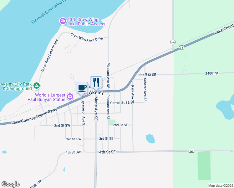map of restaurants, bars, coffee shops, grocery stores, and more near 275 Broadway Street East in Akeley