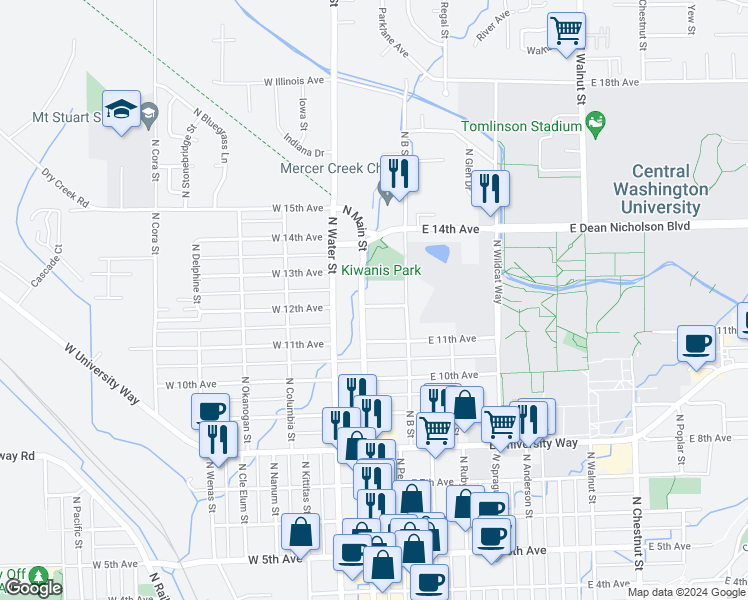 map of restaurants, bars, coffee shops, grocery stores, and more near 1201 North Main Street in Ellensburg