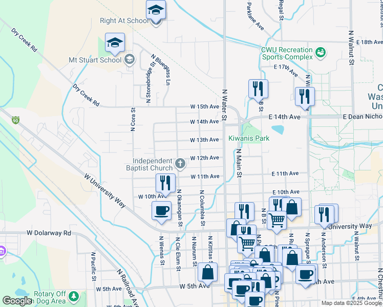 map of restaurants, bars, coffee shops, grocery stores, and more near 409 West 12th Avenue in Ellensburg