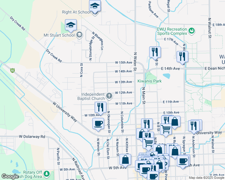 map of restaurants, bars, coffee shops, grocery stores, and more near 409 West 12th Avenue in Ellensburg