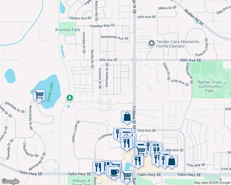 map of restaurants, bars, coffee shops, grocery stores, and more near 4822 Rochelle Street Southeast in Lacey