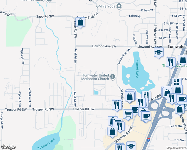 map of restaurants, bars, coffee shops, grocery stores, and more near 4874 Rural Road Southwest in Tumwater