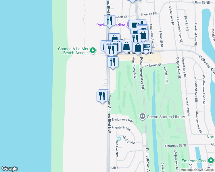 map of restaurants, bars, coffee shops, grocery stores, and more near 651 Ocean Shores Boulevard Northwest in Ocean Shores