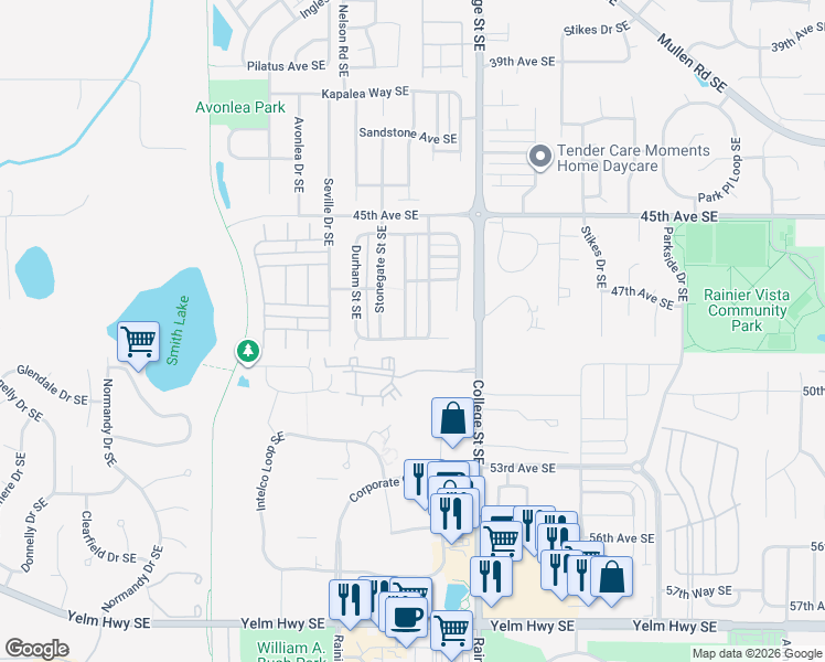 map of restaurants, bars, coffee shops, grocery stores, and more near 4822 Rochelle Street Southeast in Lacey