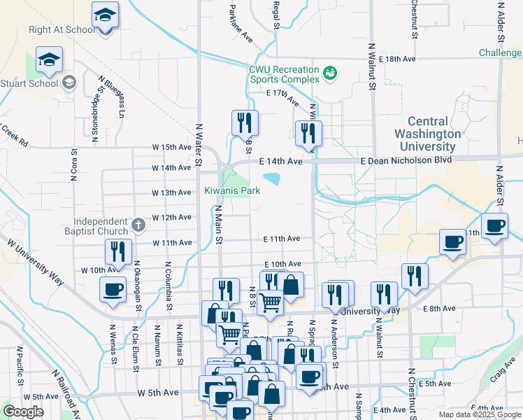map of restaurants, bars, coffee shops, grocery stores, and more near 1204 North B Street in Ellensburg