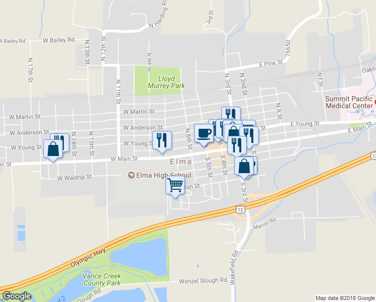map of restaurants, bars, coffee shops, grocery stores, and more near 600 West Main Street in Elma