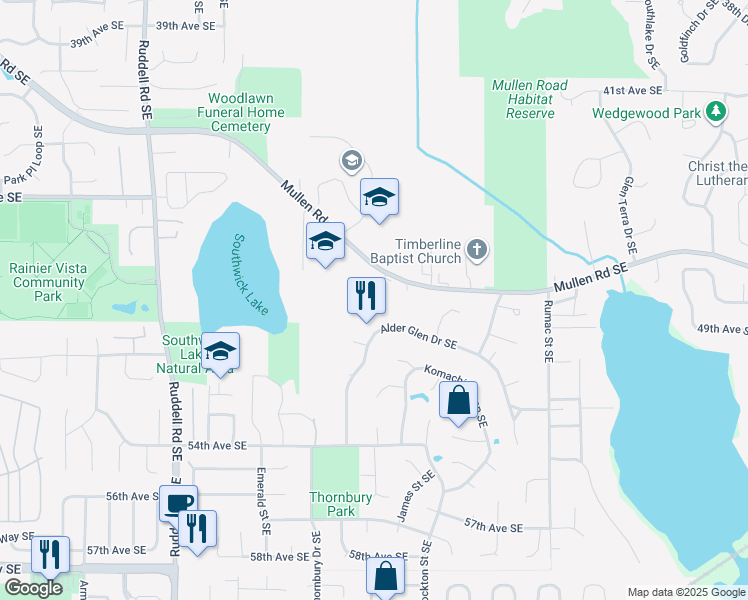 map of restaurants, bars, coffee shops, grocery stores, and more near 6327 Mullen Road Southeast in Olympia