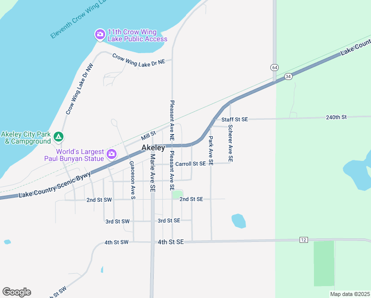 map of restaurants, bars, coffee shops, grocery stores, and more near 275 Broadway Street East in Akeley
