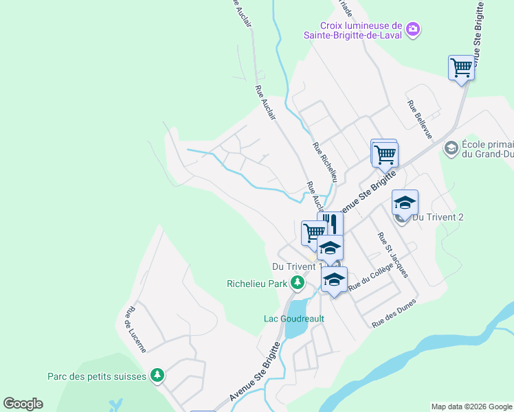 map of restaurants, bars, coffee shops, grocery stores, and more near 32 Rue Delphis in Sainte-Brigitte-de-Laval