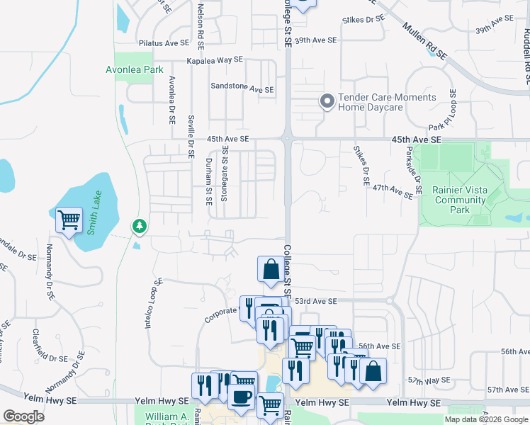 map of restaurants, bars, coffee shops, grocery stores, and more near 4718 Helena Avenue Southeast in Lacey