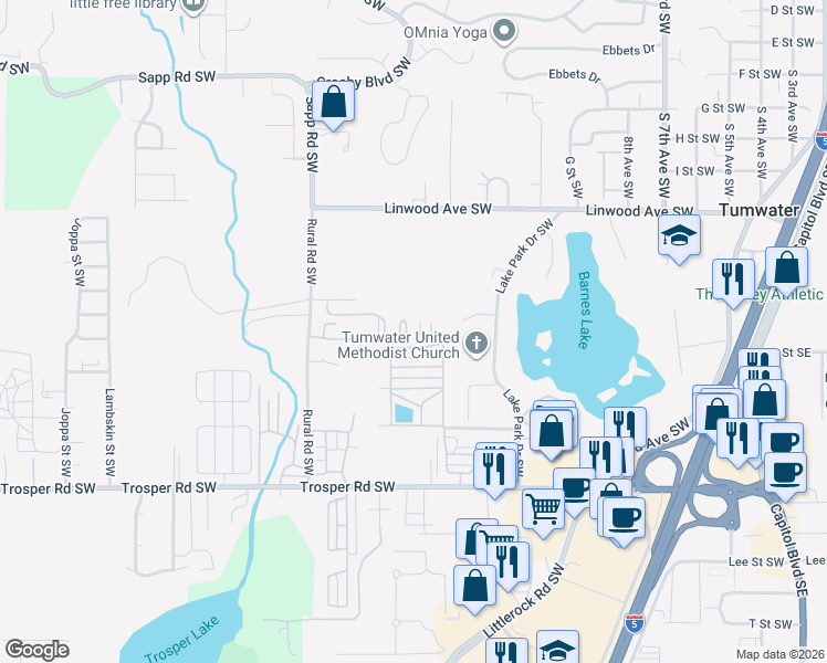 map of restaurants, bars, coffee shops, grocery stores, and more near 4882 Rural Road Southwest in Tumwater