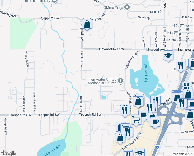 map of restaurants, bars, coffee shops, grocery stores, and more near 4874 Rural Road Southwest in Tumwater