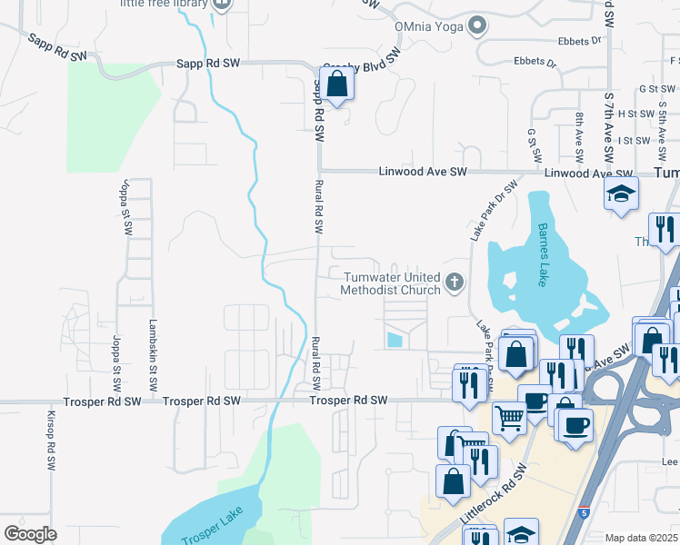 map of restaurants, bars, coffee shops, grocery stores, and more near 4862 Rural Road Southwest in Tumwater