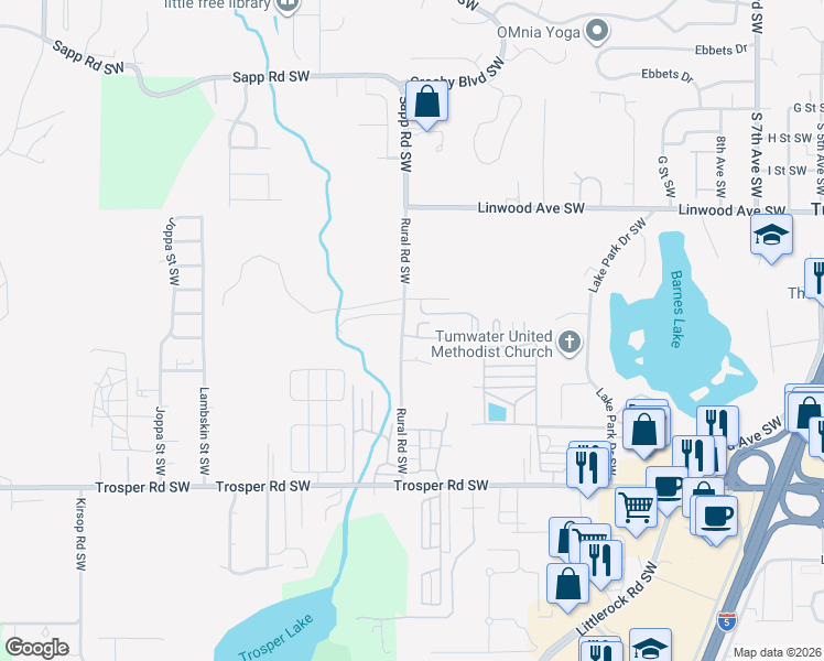 map of restaurants, bars, coffee shops, grocery stores, and more near 4854 Rural Road Southwest in Tumwater