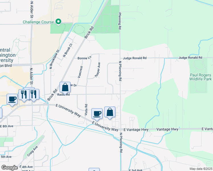 map of restaurants, bars, coffee shops, grocery stores, and more near 1203 North Canterbury Drive in Ellensburg