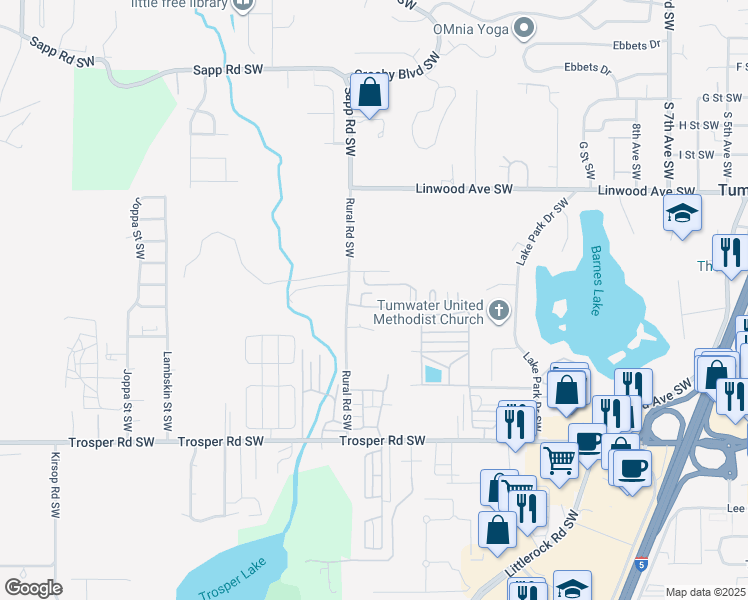 map of restaurants, bars, coffee shops, grocery stores, and more near 4862 Rural Road Southwest in Tumwater