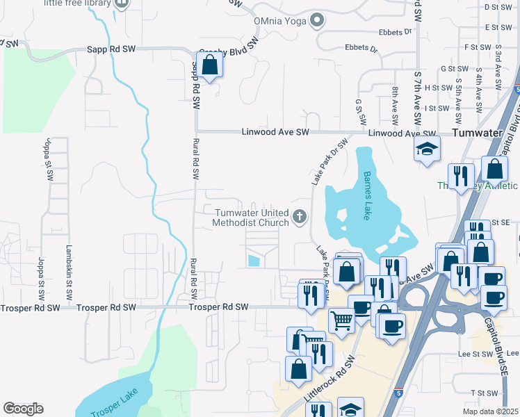 map of restaurants, bars, coffee shops, grocery stores, and more near 4882 Rural Road Southwest in Tumwater